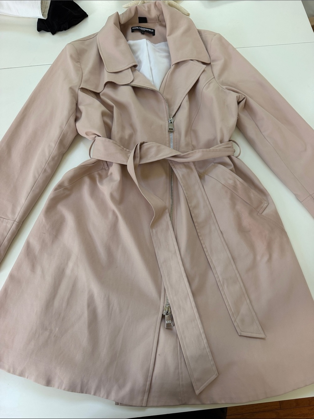 Karl Lagerfeld Women's Blush Trench Coat with Waist Tie and pleaded skirt